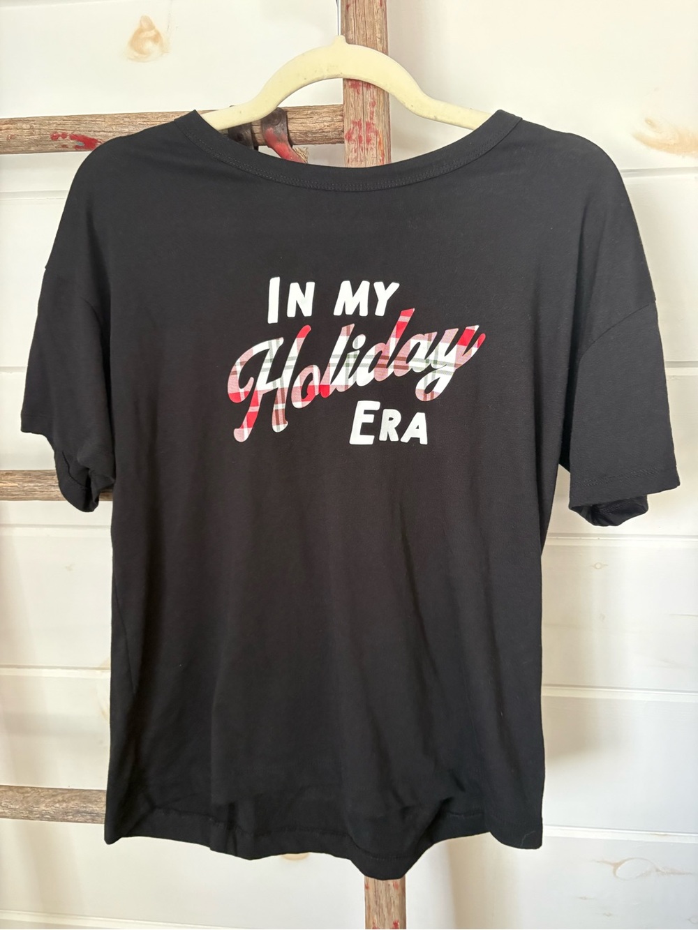Old Navy Black Tee with Red Plaid 'Holiday' Script